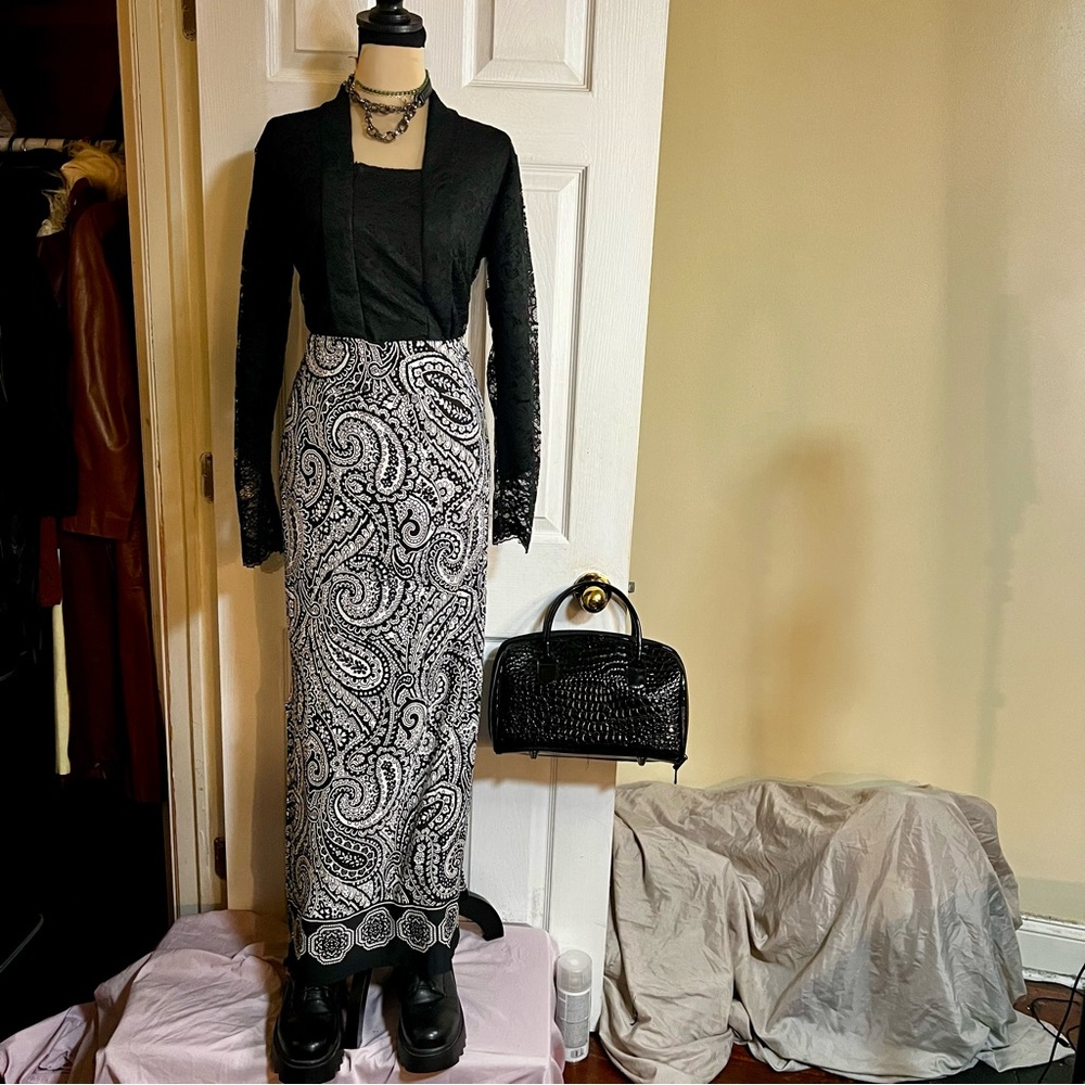 Women’s Coco Bianco Y2K Boho Paisley Abstract‎ Side Slit Maxi Skirt L